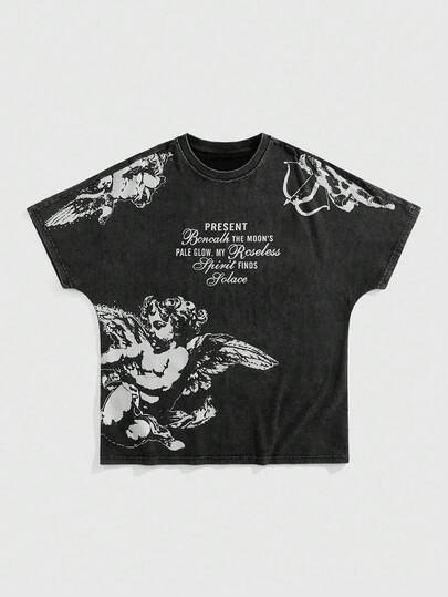 Goth Men's Vintage Angel Print Loose Fit Streetwear T-Shirt, 2000s Style
