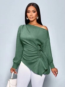 SOLERSUN Damen Bluse mit asymmetrischem Kragen, Langarm, seitlichem Tunnelzug und Raffung in Unifarbe