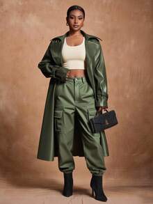 Slaydiva Autumn/Winter New Arrivals, Suitable For Easter, Western, Beach, Bohemian, Boho, Festival, Vintage, Country Music, Outdoor, Fairy, Holiday, Airport, Western, Tropical Vacation Styles, Spring/Summer Green Trench Coat Plus Size Trench Coat Faux Leather Trench Coat Women Trench Coat Long Green Coat Fall - Green - View 9