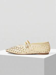 Mnmlis Pre Laser Cutout Square Toe Mary Jane Strap Flat Shoes For Women - Yellow - View 2