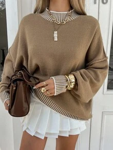 Livesso Women's Casual Loose Fit Contrast Color Chunky Knit Sweater, Autumn - Coffee Brown - View 5