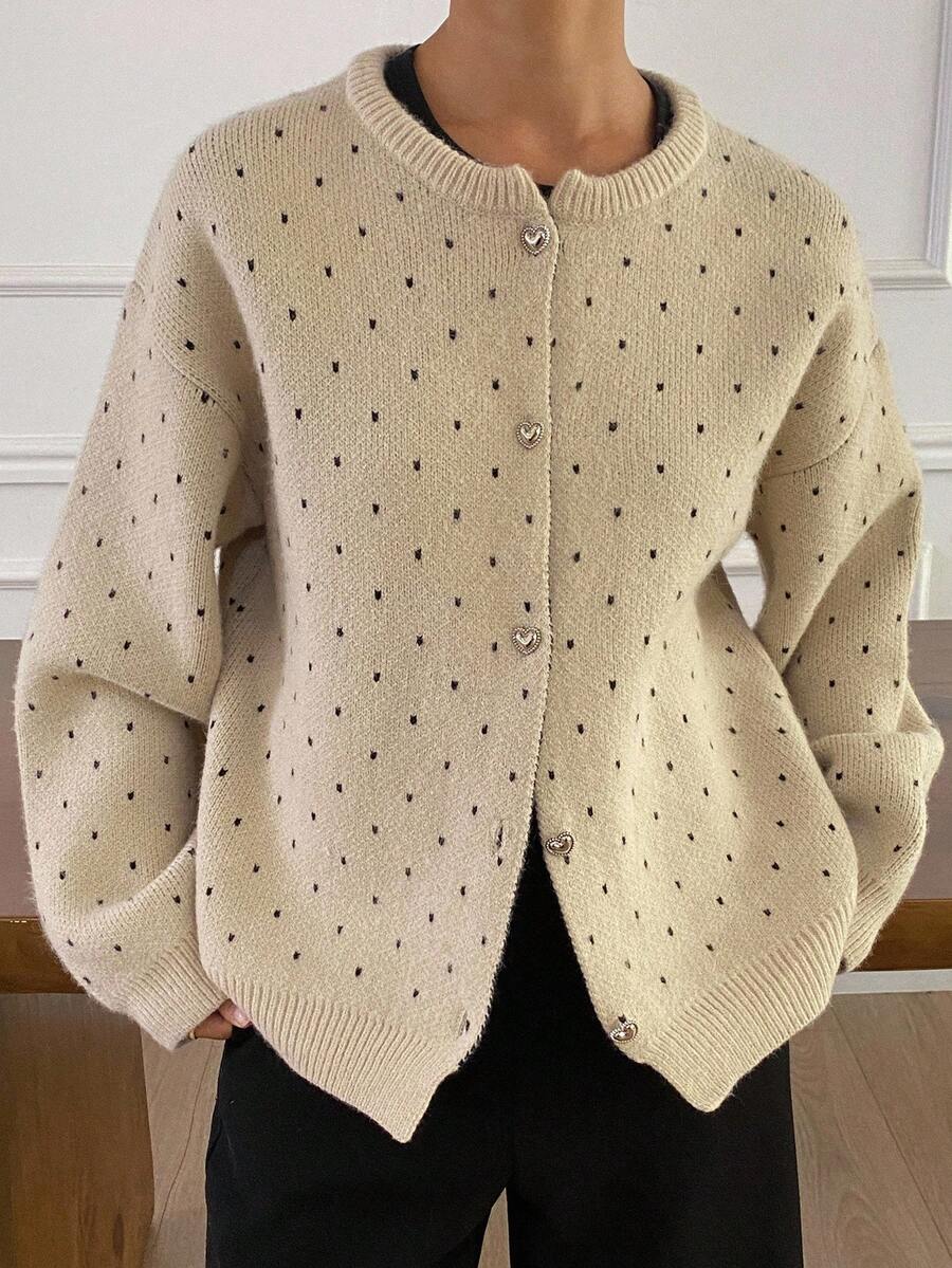 Women's Autumn Dropped Shoulder Long Sleeve Round Neck Polka Dot Loose Cardigan - Khaki - View 1