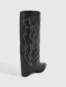 CUCCOO SZL Botas occidentales de tacón grueso con punta afilada y flecos para mujer, botas altas de ajuste ceñido - Negro - Ver 3