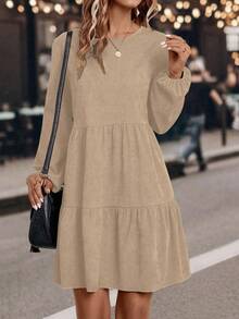 EMERY ROSE Casual Commuter Solid Color Lantern Sleeve Dress - Apricot - View 4