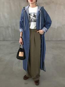 FRIFUL 女式秋季落肩长袖单排扣抽绳连帽长款牛仔夹克