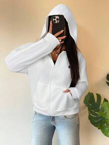 SHEIN EZwear Plus Size Women White Casual Hooded Zip-Up Sweatshirt White Zip Up Hoodie,Fall Clothes For Women Winter Autumn