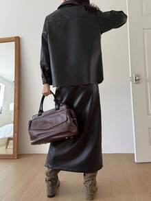 DAZY Conjunto de 2 piezas elegante de chaqueta de manga larga de un solo botonadura de unicolor y falda midi para mujer - Negro - Ver 5
