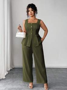 Elenzga Bộ đồ 2 món, Xuân/Hè dành cho nữ cao, trang phục hai mảnh, quần âu, bộ đồ mùa hè, bộ đồ hai mảnh, bộ đồ hai mảnh sang trọng dành cho nữ, bộ đồ 2 món - xanh quân đội - Xem 3