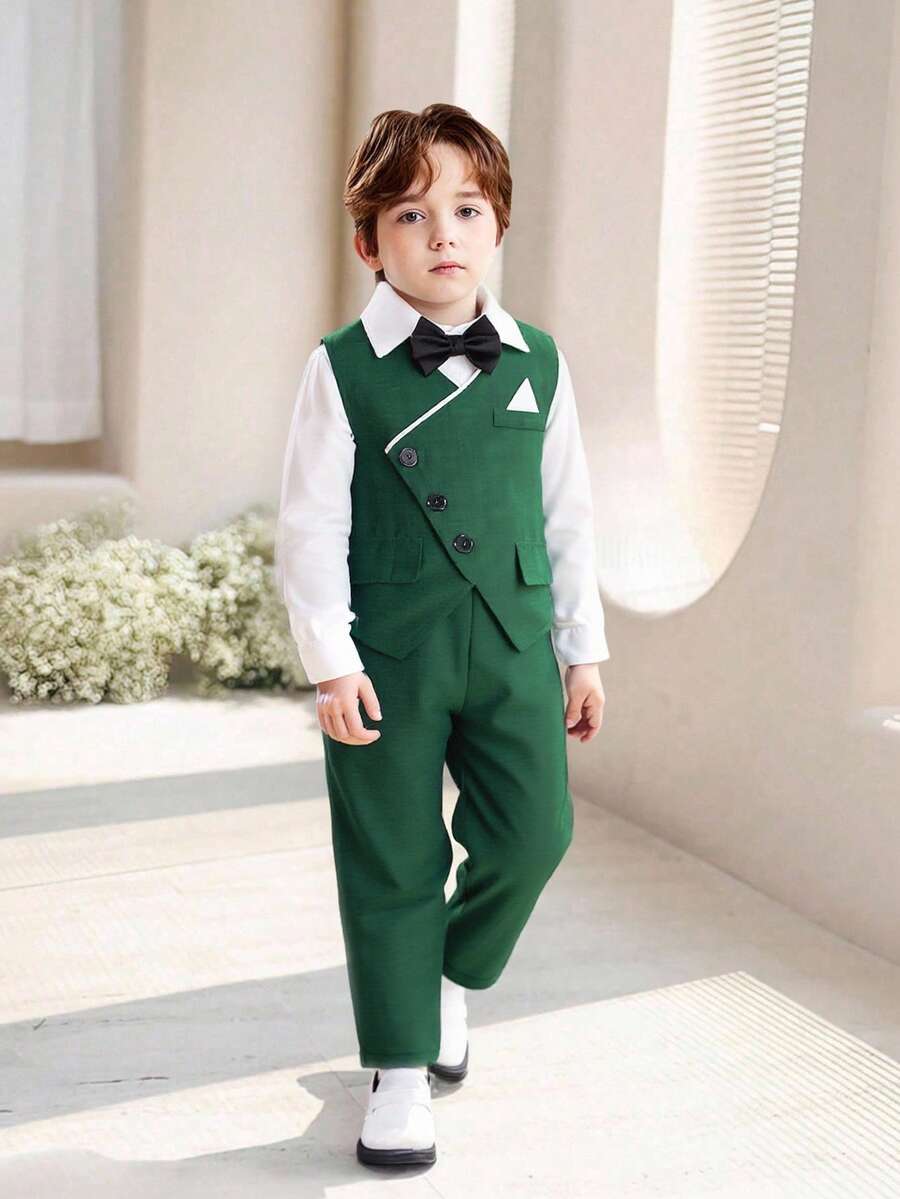 SHEIN Bộ vest nam 2 món, thiết kế cúc chéo bất đối xứng, thích hợp cho đám cưới - Màu xanh lá cây đậm - Xem 1