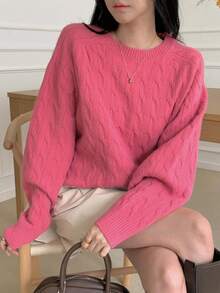 DAZY Suéter casual de punto de cable de cuello redondo de manga larga y ajuste holgado de unicolor rosa para mujer, otoño/invierno