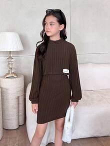 SHEIN Leap Crew 2pcs Tween Girls Back To School Simple Soft Textured Ribbed Knit Loose Dropped Shoulder Short Sweatshirt & Fitted Camisole Dress Set, Autumn - Coffee Brown - View 3