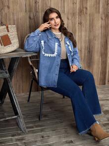 EMERY ROSE Chaqueta de mezclilla con encaje para mujer de talla grande - Lavado ligero - Ver 3