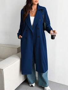 Vionelle Áo khoác trench coat dáng rộng màu trơn cỡ lớn - Màu xanh hải quân - Xem 5