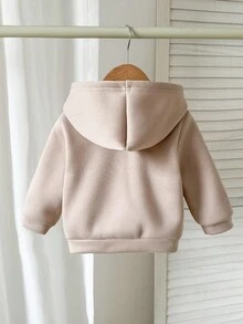 معطف أطفال بنات كاجوال أحادي اللون مبطن حراريًا مزود بغطاء رأس وسحاب، مناسب للخريف/الشتاء - كاكي - مشاهدة 2