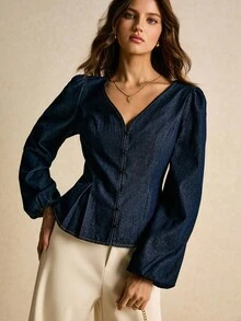 Poéselle 女式秋季灯笼袖单排扣褶边牛仔衬衫