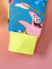 SpongeBob SquarePants | SHEIN 2pcs/Set Young Boy Ocean Pattern Round Neck Long Sleeve Top And Pants Knit Comfortable Casual Stretchy Pajama Set