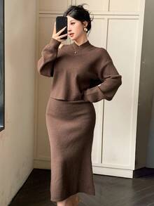 DAZY 女式纯色落肩长袖毛衣和立领无袖针织连衣裙优雅两件套，秋季 - 卡其色 - 查看 2