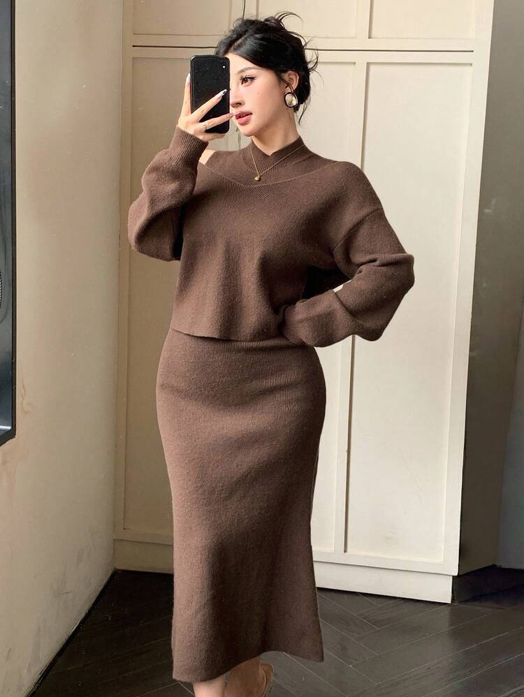 Women's Solid Color Drop Shoulder Long Sleeve Sweater And Stand Collar Sleeveless Knit Dress Elegant 2 Pieces Set, Autumn