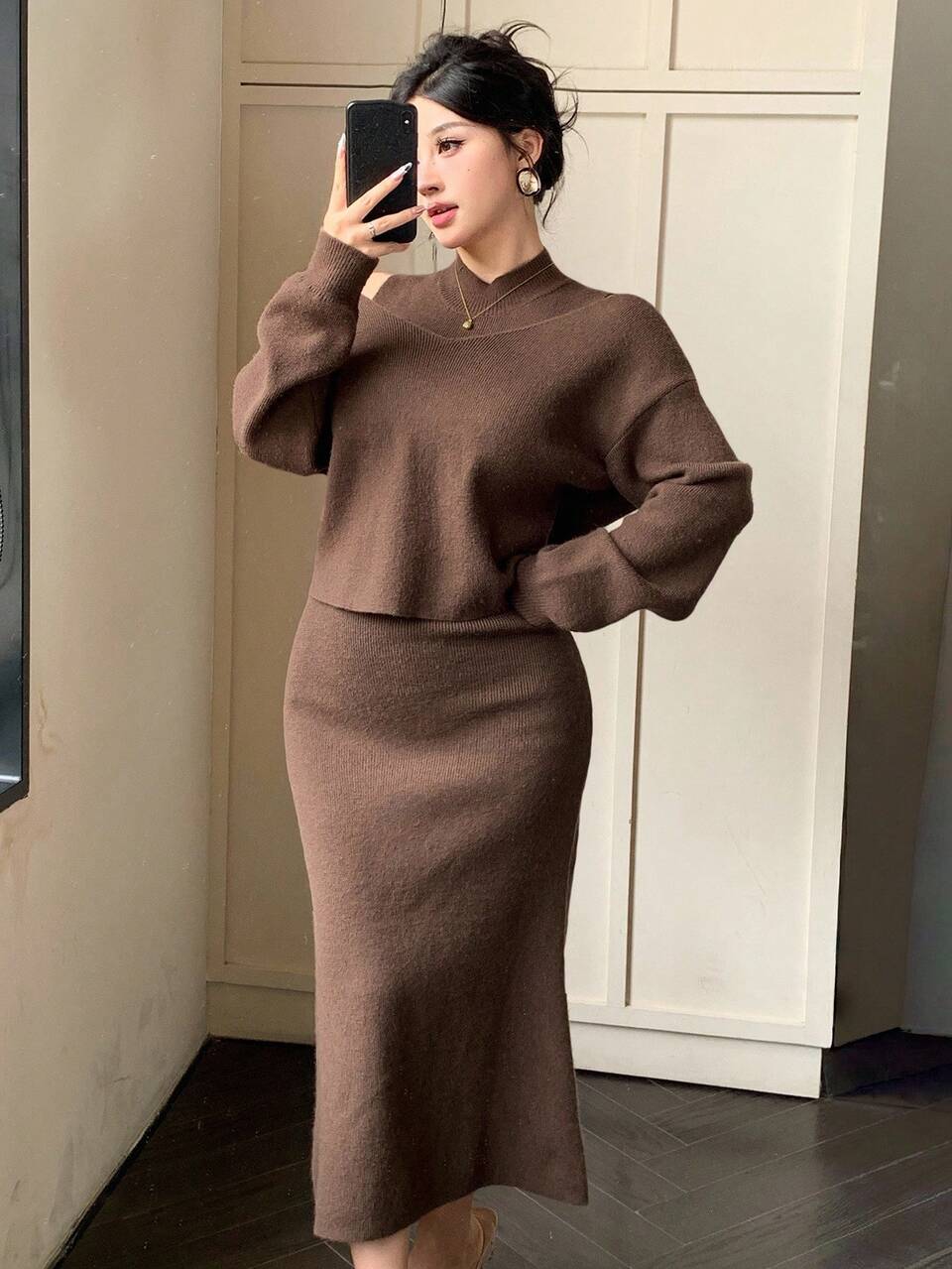 Women's Solid Color Drop Shoulder Long Sleeve Sweater And Stand Collar Sleeveless Knit Dress Elegant 2 Pieces Set, Autumn