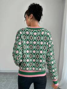 EMERY ROSE Women's Full Print Color Block Crew Neck Long Sleeve Knit Pullover Sweater, Fashionable For Autumn/Winter Knit Pullover Fall - Green - View 2