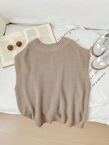 SHEIN Tween Girl Casual Loose Solid Color Oversized V-Neck Mid-Length Sweater Vest Sweater Vest For Girls Brown Sweater Vest For Girls,In Fall/Winter Girls Sweater Vest Kids Sweater Vest V Neck Sweater Vest Kids Teen Girl Sweater Vest - Khaki - View 5