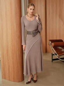 SHEIN Unity Solid Color Round Neck Fitted Long Dress  Business Casual Women  Winter Dresses  Going Out Outfits Elegant Long Graduation Dress - Coffee - View 7