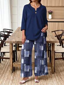 EMERY ROSE Plus Size Navy Blue Minimalist Line Print Comfortable Casual 2 Pieces Set - Multicolor - View 3