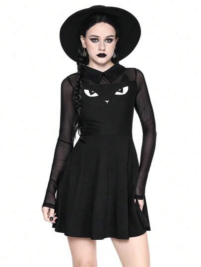 Goth Cute Gothic Halloween Cat Graphic Print Dress For Women
