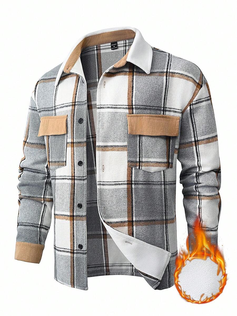 Manfinity Homme Men's Casual Street Plaid Print Flap Pocket Drop Shoulder Loose Overcoat, Old Money Style , Fall , Corduroy