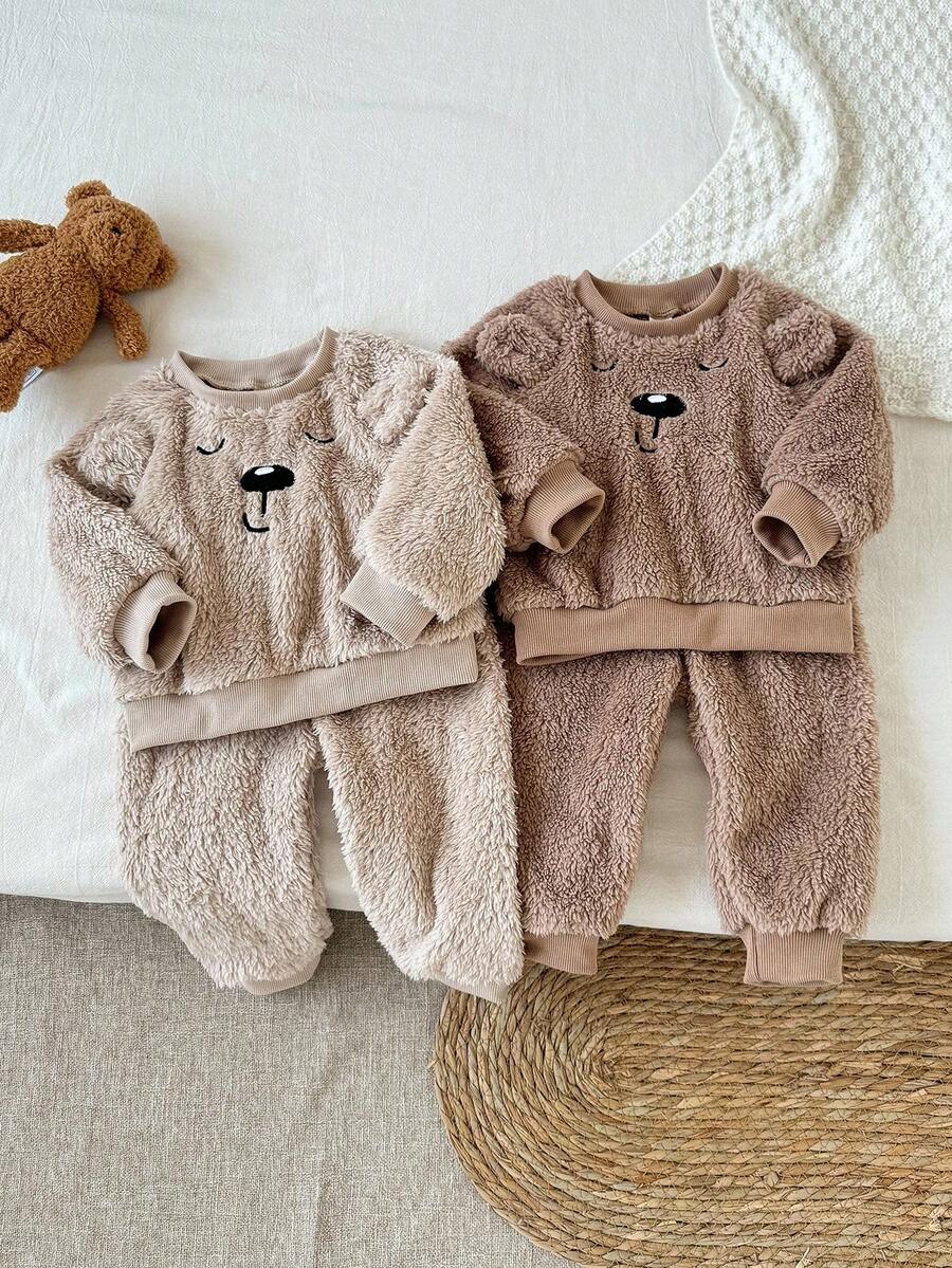 4 件套男婴罗纹针织圆领毛绒趣味 3D 刺绣耳朵插肩袖长袖上衣和裤子时尚休闲服装套装 - 彩色 - 查看 1