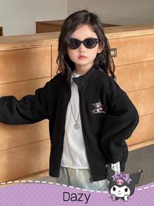 DAZY HELLO KITTY AND FRIENDS | SHEIN 少女立领刺绣卡通字母图案拉链外套，秋冬 - 黑色 - 查看 2