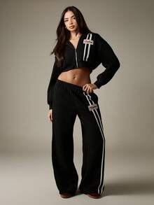 Missguided x Playboy Oversized Cropped Zip Up Hoodie With White Stripe Detail And Logo Patches For Casual Streetwear Style