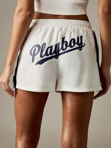 Missguided x Playboy 徽标图案慢跑风格短裤，配有抽绳腰带和侧条纹细节，适合夏季休闲穿着 - 白色 - 查看 7