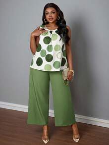 SHEIN PETITE CURVE 2 Stücke/Set Große Größen Rundhals Ärmelloses Top mit Rundumprint und farbige weite Hose - Grün - Übersicht 5
