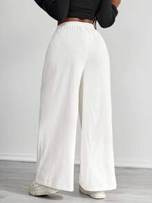 SHEIN PETITE CURVE 女士简约波西米亚风度假装休闲基本款日常穿着亚麻舒适低腰宽松裤，亚麻裤 - 白色 - 查看 2