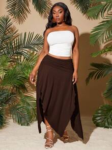SHEIN SXY Falda asimétrica con abertura alta, cintura fruncida, color café con leche, estilo sexy, adecuada para vacaciones en la ciudad, vacaciones en la playa, citas, cumpleaños, despedida de soltera, look casual y lindo, para compras, salir, fácil de combinar y estiliza la figura, resalta tu Body, para mujeres de talla grande 2025