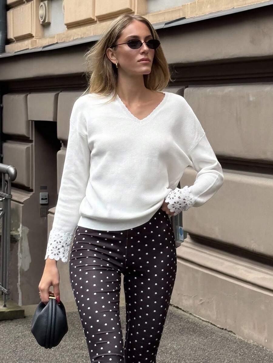 Chiquease Women's Casual Polka Dot Skinny Leggings, Retro Style, Autumn - Black and White - View 1