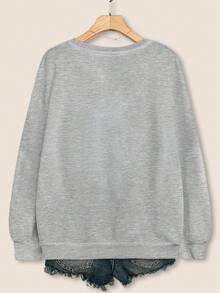 EMERY ROSE Long Sleeve Casual Crew Neck Mimi Print Pullover Sweatshirt For Spring & Fall, ,Graduation,Teacher,Back To School - Light Grey - View 2