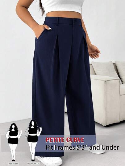 SHEIN PETITE CURVE Plus Size Solid Color Button Casual Wide Leg Pants/ Winter