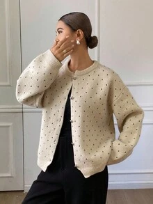 Women's Autumn Dropped Shoulder Long Sleeve Round Neck Polka Dot Loose Cardigan - Khaki - View 5