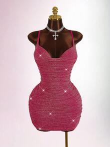 Y2K Amplova 加大码闪亮 V 领无袖修身性感派对褶皱迷你连衣裙，适合派对 - 酒紅色 - 查看 1