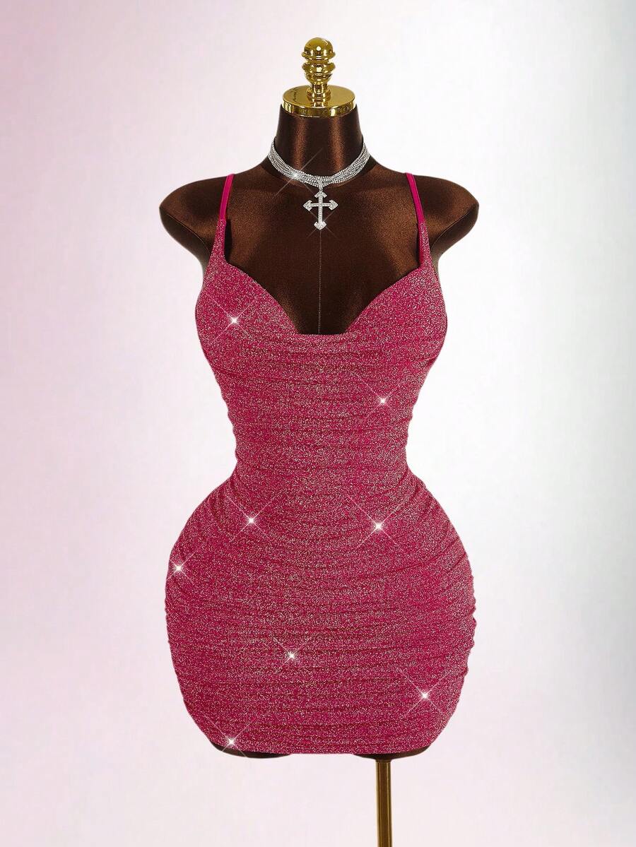 Y2K Amplova 加大码闪亮 V 领无袖修身性感派对褶皱迷你连衣裙，适合派对 - 酒紅色 - 查看 1