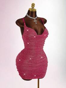 Y2K Amplova 加大码闪亮 V 领无袖修身性感派对褶皱迷你连衣裙，适合派对 - 酒紅色 - 查看 6