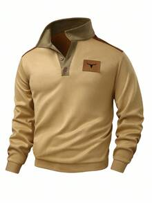 Manfinity Homme Casual Fashion Versatile Long Sleeve Polo Collar Men Pullover Sweatshirt - Khaki - View 4