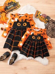 SHEIN 小女孩可爱卡通图案长袖连衣裙，适合万圣节派对 - 橘色 - 查看 12