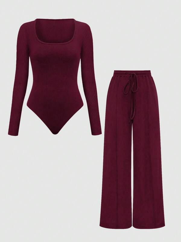 Zielony 2pcs Solid Color Asymmetric Hem Top And Pants Set, Autumn