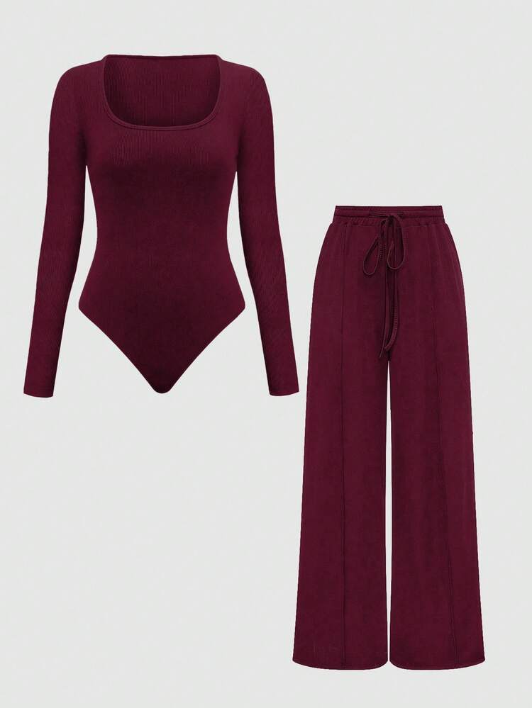 Zielony 2pcs Solid Color Asymmetric Hem Top And Pants Set, Autumn