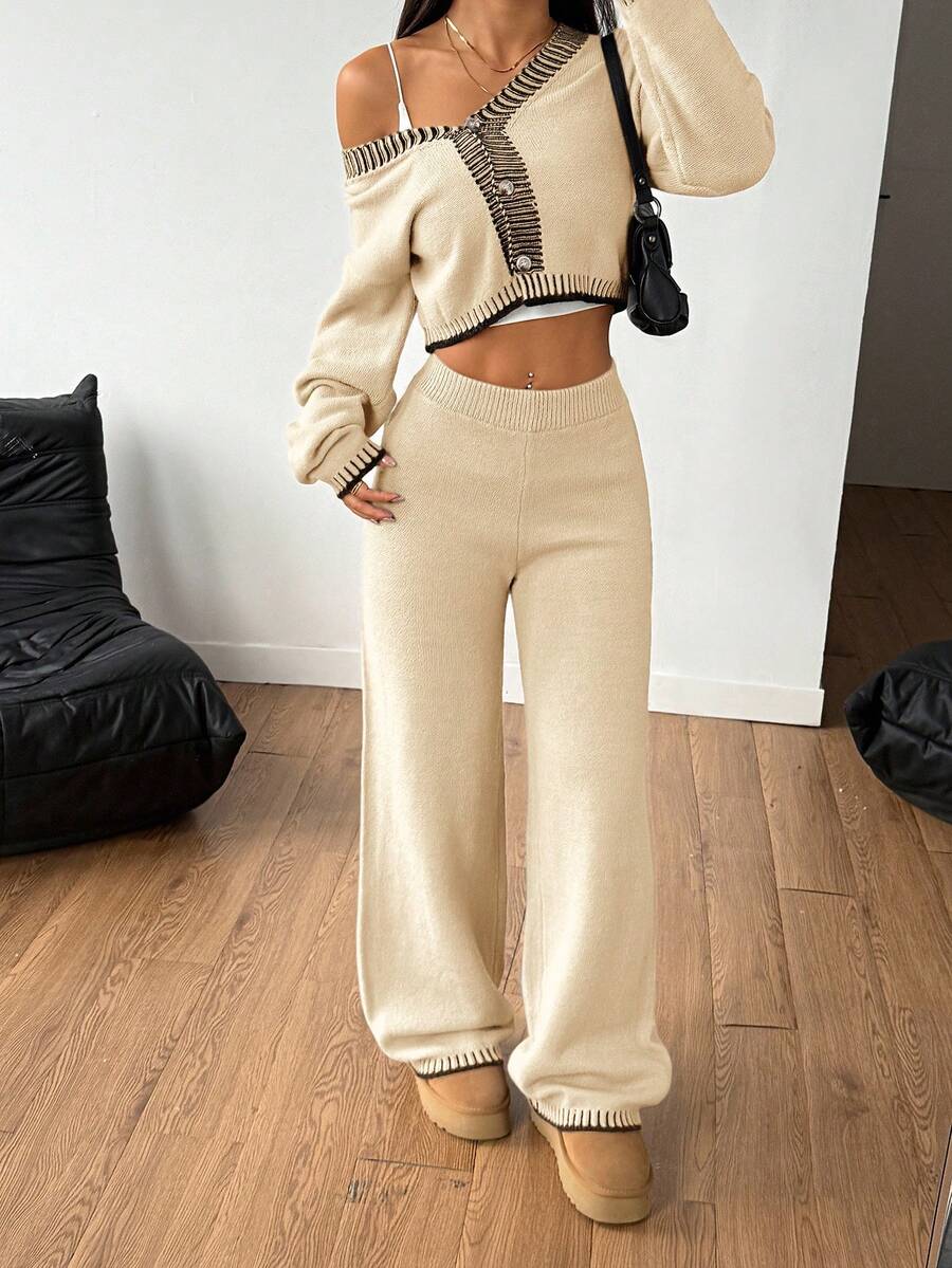 SHEIN PETITE 女士毛呢宽松家居两件套西装居家舒适休闲套装 - 杏色 - 查看 1