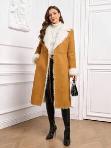 Ellevyn 翻领仿皮草内衬鹿皮绒面革夹克，秋冬舒适 - 棕色 - 查看 9