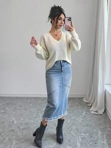 Elenzga Women's Fringed Denim Skirt - Blue - View 3